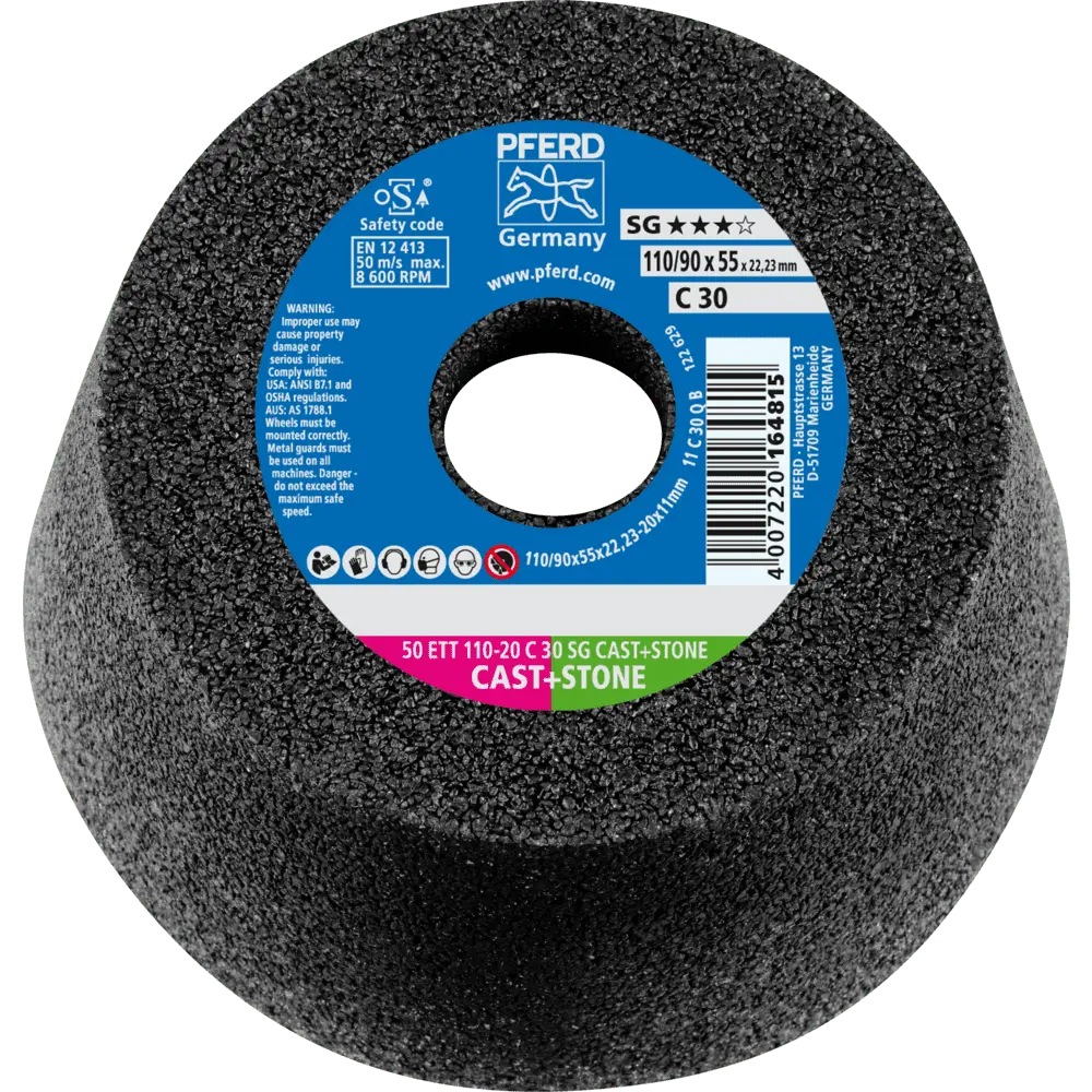Produktfoto 1 von PFERD TOOLS Schleiftopf ETT 110x20x22,23 mm C30 Leistungslinie SG CAST+STONE für Guss/Stein, 2 Stk.