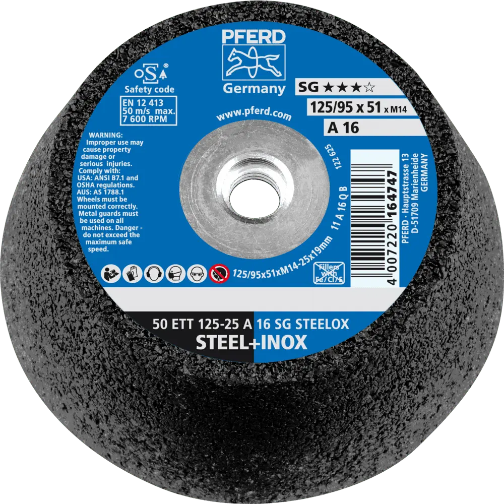 Produktfoto 1 von PFERD TOOLS Schleiftopf ETT 125x25 mm M14 Leistungslinie SG STEELOX für Stahl/Edelstahl, 2 Stk.