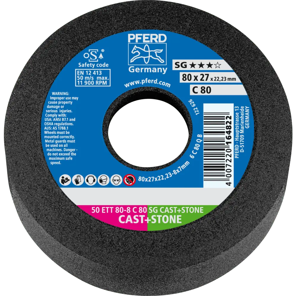 Produktfoto 1 von PFERD TOOLS Schleiftopf ETT 80x8x22,23 mm Leistungslinie SG CAST+STONE für Guss/Stein, 5 Stk.