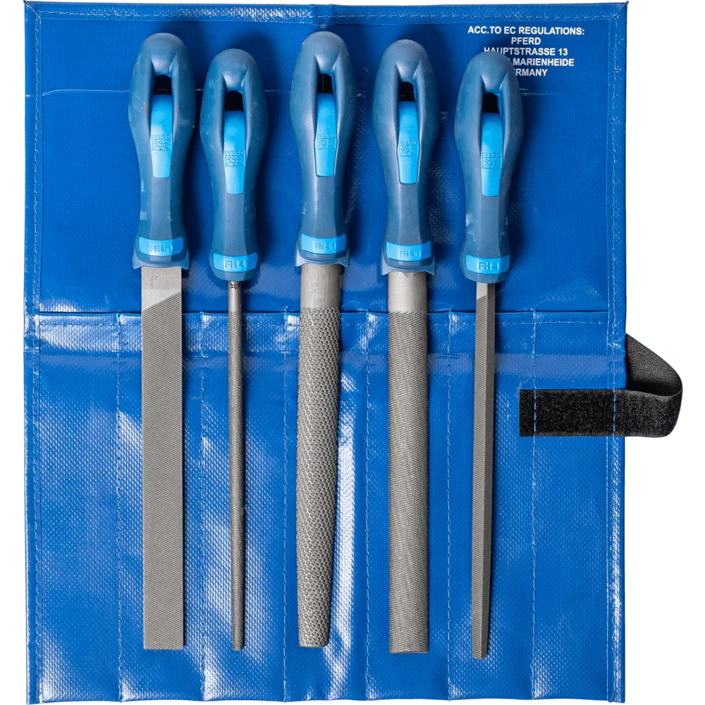 Produktfoto 1 von PFERD TOOLS Werkstattfeilen/-raspel-Set 5-tlg. in Rolltasche 200mm für grobe Zerspanung, Schruppen