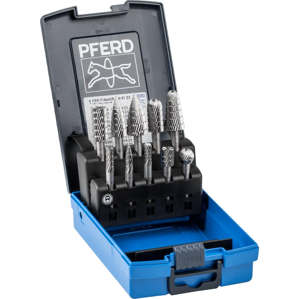 Produktfoto 1 von PFERD TOOLS HSS Frässtift Set 81 10-tlg. Zahnung 3 Ø 16/12/10/6mm Schaft-Ø 6mm universal mittel fein