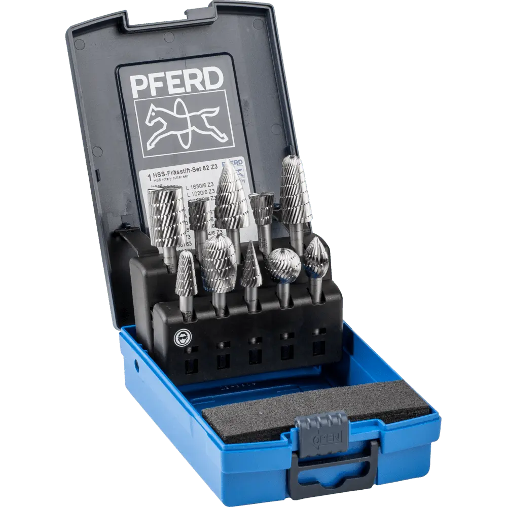 Produktfoto 1 von PFERD TOOLS HSS Frässtift Set 82 10-tlg. Zahnung 3 Ø 16/12/10mm Schaft-Ø 6mm universal mittel fein