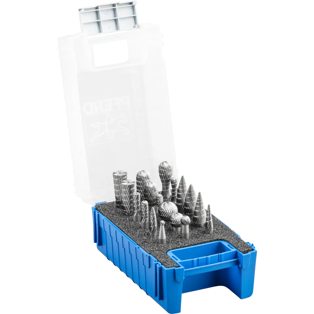 Produktfoto 1 von PFERD TOOLS HSS Frässtift Set 83 18-tlg. Zahnung 3 Ø 12/8/6mm Schaft-Ø 6mm universal mittel fein