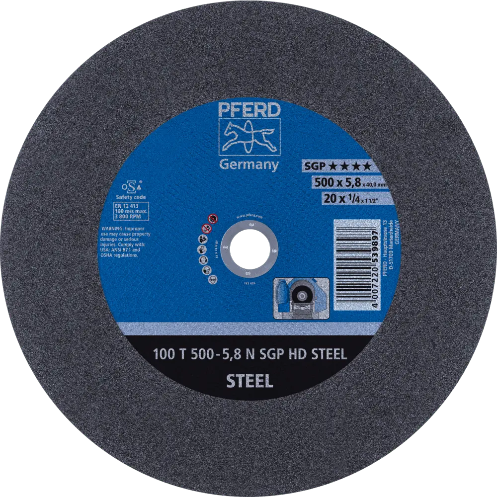 Produktfoto 1 von PFERD TOOLS Stationäre Trennscheibe T 500x5,8x40mm "mittelhart" HD STEEL für Stahl 100m/s, 5 Stk.