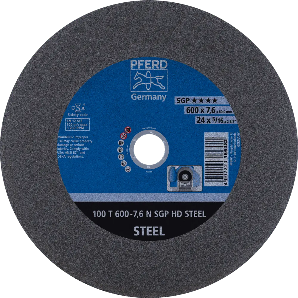 Produktfoto 1 von PFERD TOOLS Stationäre Trennscheibe T 600x7,6x60mm "weich" HD STEEL für Stahl 100m/s, 5 Stk.