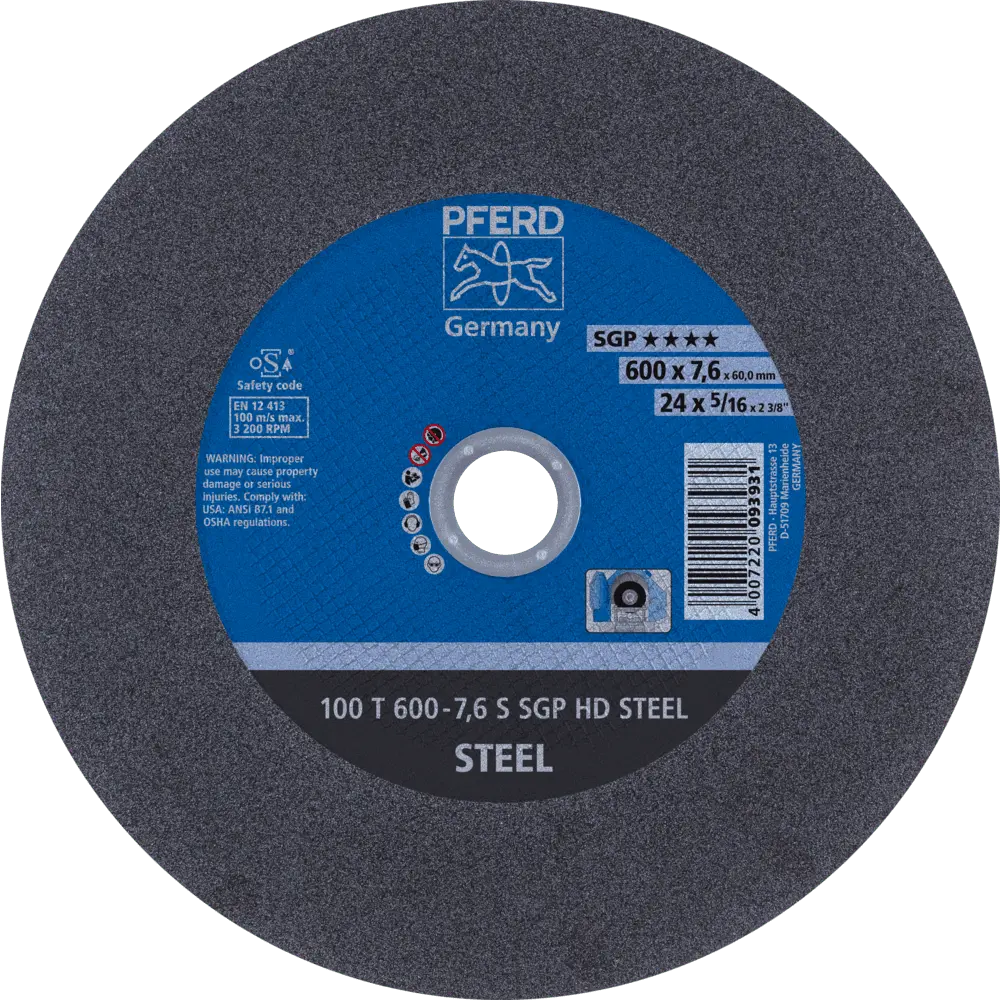 Produktfoto 1 von PFERD TOOLS Stationäre Trennscheibe T 600x7,6x60mm "hart" HD STEEL für Stahl 100m/s, 5 Stk.