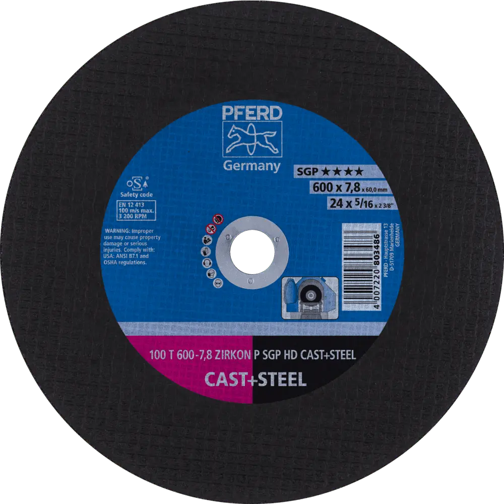 Produktfoto 1 von PFERD TOOLS Stationäre Trennscheibe T 600x7,8x60mm "mittelhart" HD CAST+STEEL für Guss/Stahl 100m/s, 5 Stk.