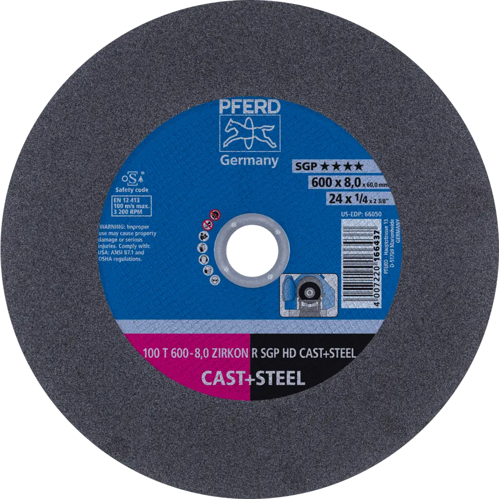 Produktfoto 1 von PFERD TOOLS Stationäre Trennscheibe T 600x8,0x60mm "hart" HD CAST+STEEL für Guss/Stahl 100m/s, 5 Stk.