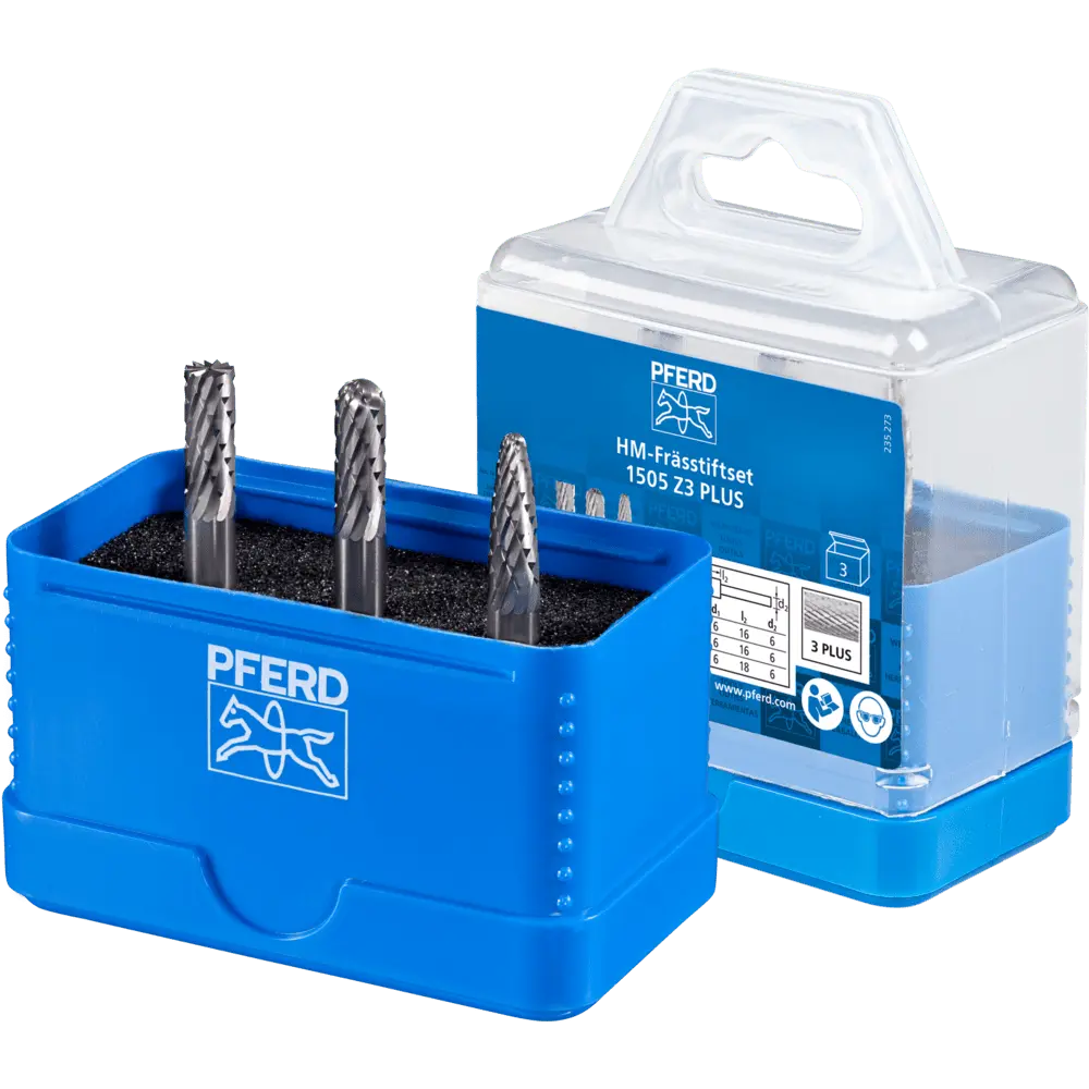 Produktfoto 1 von PFERD TOOLS Hartmetall Frässtift Set 1505 Zahnung 3 PLUS 3-tlg. Ø 6mm Schaft-Ø 6mm universal mittel kreuzverzahnt