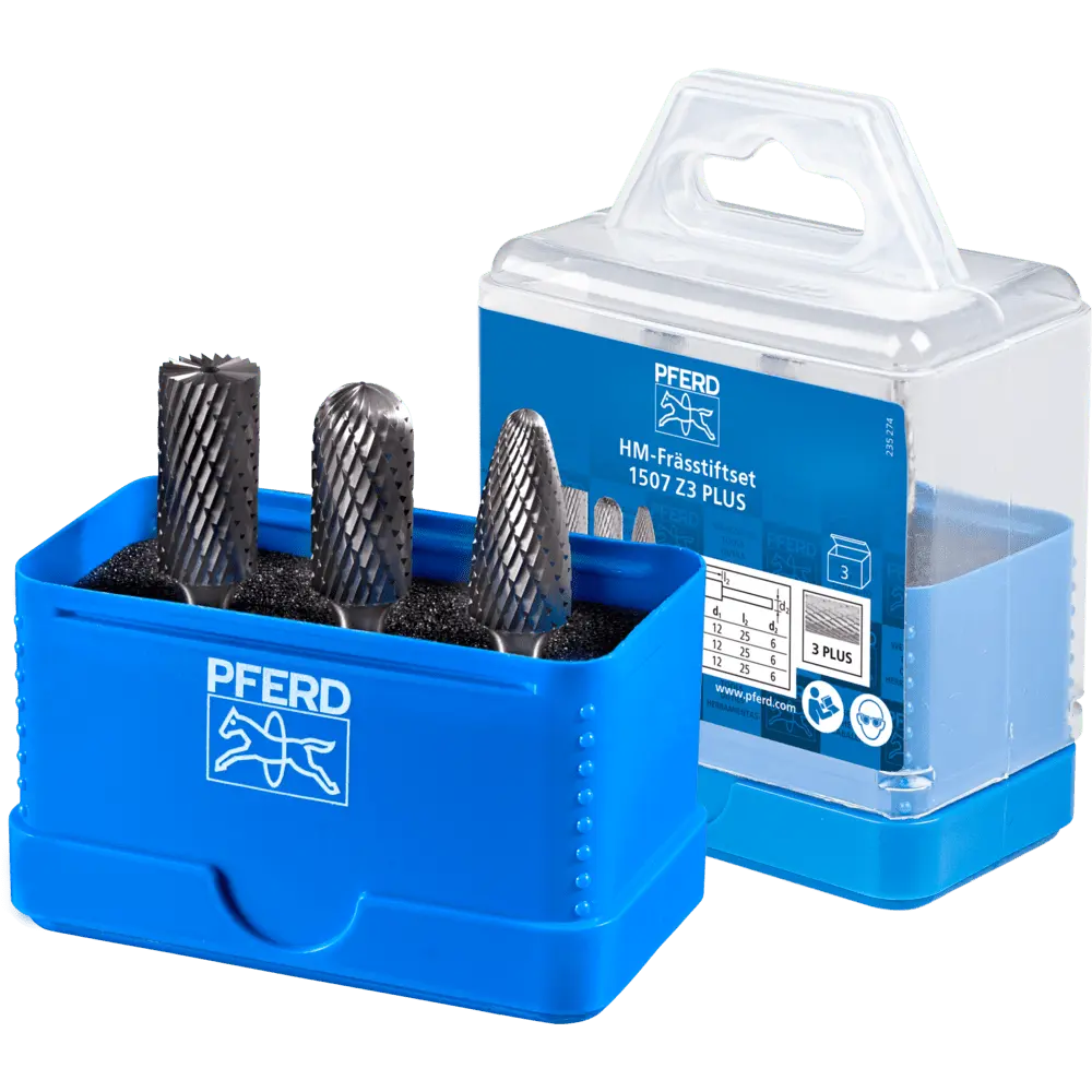 Produktfoto 1 von PFERD TOOLS Hartmetall Frässtift Set 1507 Zahnung 3 PLUS 3-tlg. Ø 12mm Schaft-Ø 6 mm universal mittel kreuzverzahnt