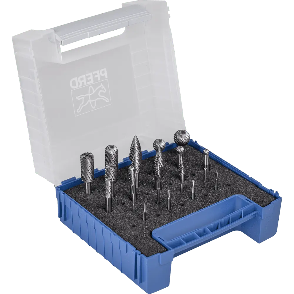 Produktfoto 1 von PFERD TOOLS Hartmetall Frässtift Set 1500 Zahnung 3 PLUS/Z5 22-tlg. Ø 16/12/10/8/6/3/2mm Schaft-Ø 6mm universal mittel fein