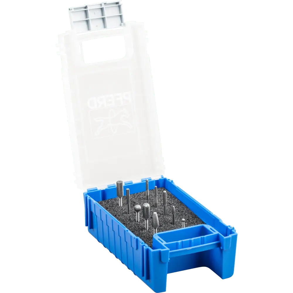 Produktfoto 1 von PFERD TOOLS Hartmetall Hochleistungskleinfrässtift Set 1502 MICRO 10-tlg. Ø 6/3/2mm Schaft-Ø 3mm Feinbearbeitung
