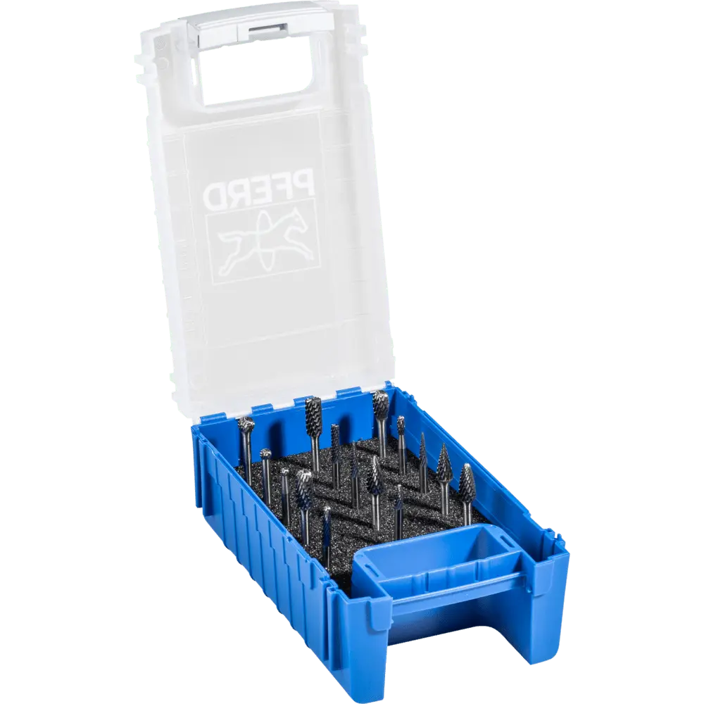 Produktfoto 1 von PFERD TOOLS Hartmetall Kleinfrässtift Set 1503 Zahnung 3 PLUS 15-tlg.  Ø 6/4/3mm Schaft-Ø 3mm universal mittel kreuzverzahnt
