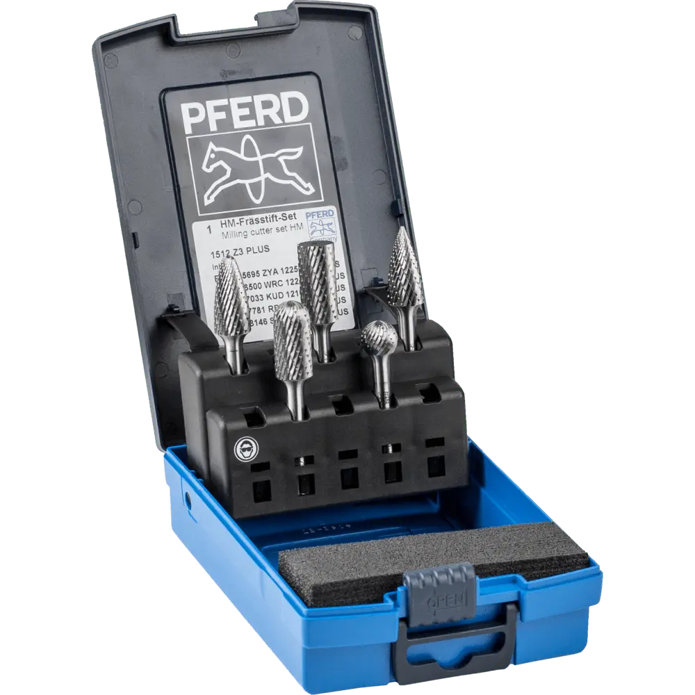 Produktfoto 1 von PFERD TOOLS Hartmetall Frässtift Set 1512 Zahnung 3 PLUS 5-tlg. Schaft-Ø 6 mm univ. mittel kreuzverzahnt