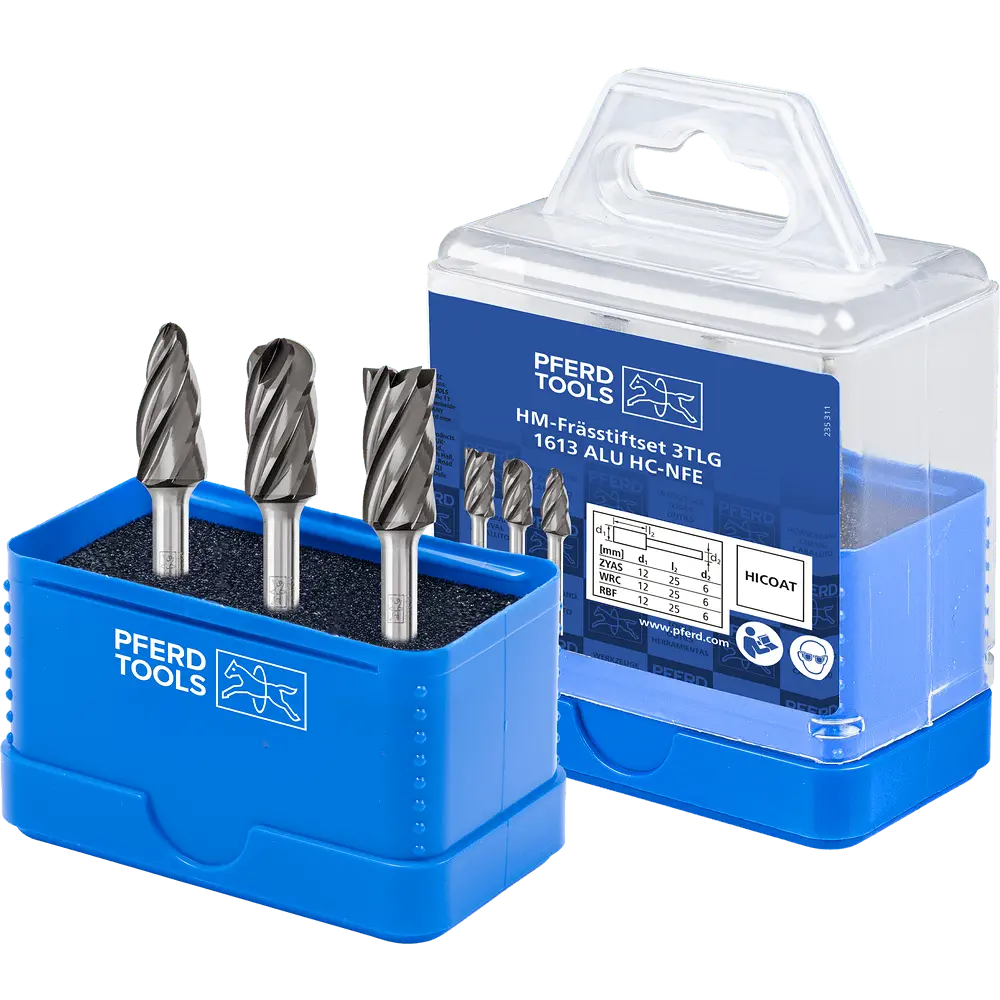 PFERD TOOLS Hartmetall Hochleistungsfrässtift Set 1613 ALU 3-tlg Ø 12mm Schaft-Ø 6mm HICOAT beschichtet für für Alu/NE Metalle