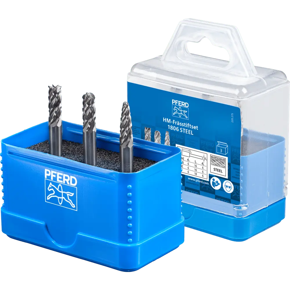 Produktfoto 1 von PFERD TOOLS Hartmetall Hochleistungsfrässtift Set 1806 STEEL 3-tlg. Ø 6mm Schaft-Ø 6 mm für Stahl