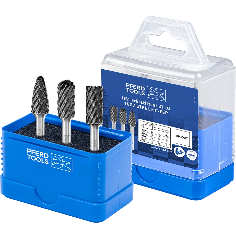 Produktfoto 1 von PFERD TOOLS Hartmetall Hochleistungsfrässtift Set 1807 STEEL 3-tlg Ø 12mm Schaft-Ø 6mm HICOAT beschichtet beschichtet für für Stahl