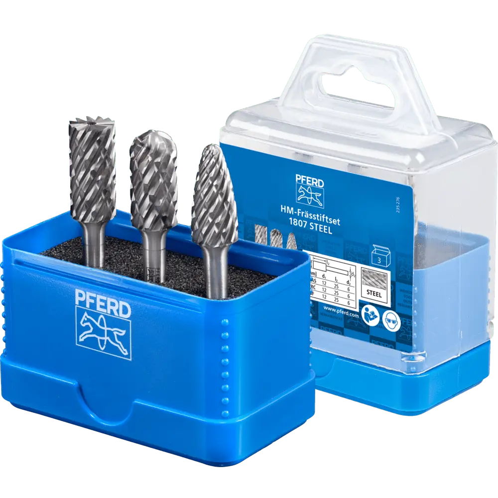Produktfoto 1 von PFERD TOOLS Hartmetall Hochleistungsfrässtift Set 1807 STEEL 3-tlg. Ø 12mm Schaft-Ø 6 mm für Stahl