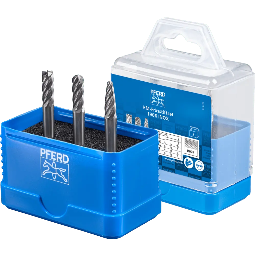 Produktfoto 1 von PFERD TOOLS Hartmetall Hochleistungsfrässtift Set 1906 INOX 3-tlg. Ø 6mm Schaft-Ø 6 mm für Edelstahl