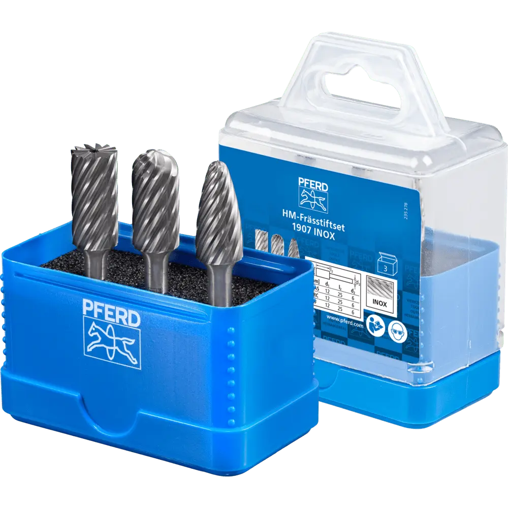 Produktfoto 1 von PFERD TOOLS Hartmetall Hochleistungsfrässtift Set 1907 INOX 3-tlg. Ø 12mm Schaft-Ø 6 mm für Edelstahl