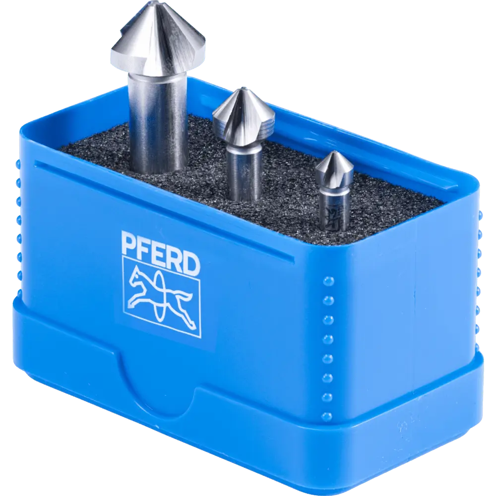 Produktfoto 1 von PFERD TOOLS HSS-Kegelsenker-Set UGT 3-tlg. DIN 335 C 90° mit Ungleichteilung