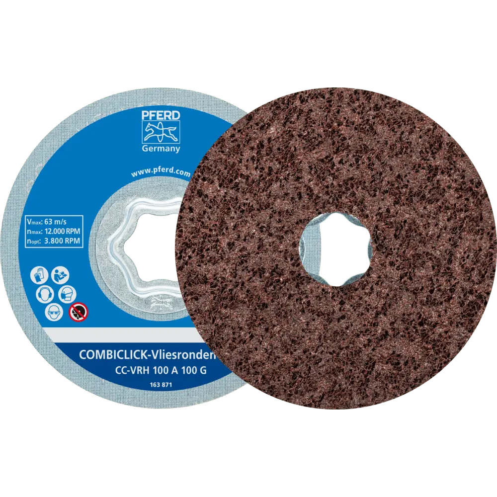 Produktfoto 1 von PFERD TOOLS COMBICLICK harte Vliesronde CC Ø 100mm A100G für Feinschliff und Finish mit Winkelschleifer, 10 Stk.