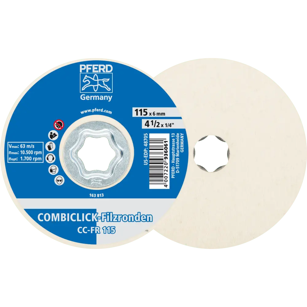 Produktfoto 1 von PFERD TOOLS COMBICLICK Filzronden CC-FR Ø 115 mm für Vor-und Hochglanzpolitur mit Winkelschleifer, 5 Stk.