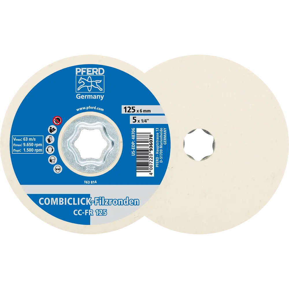 PFERD TOOLS COMBICLICK Filzronden CC-FR Ø 125 mm für Vor-und Hochglanzpolitur mit Winkelschleifer (2), 2 Stk.
