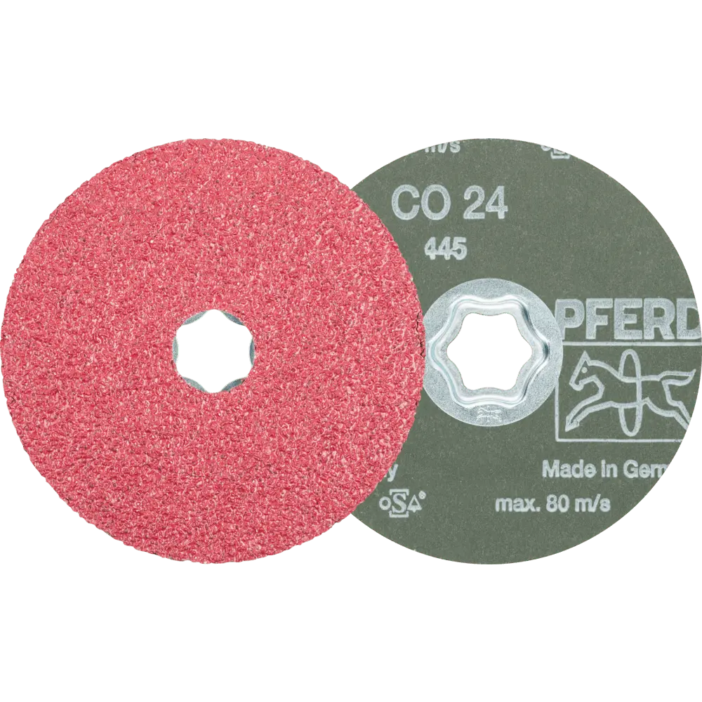 Produktfoto 1 von PFERD TOOLS COMBICLICK Keramikkorn Fiberscheibe Ø 115 mm CO24 für hohen Abtrag auf Stahl, 25 Stk.