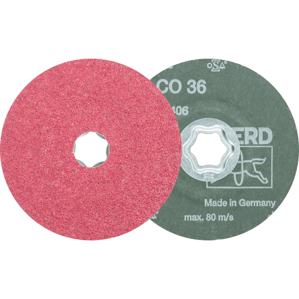 Produktfoto 1 von PFERD TOOLS COMBICLICK Keramikkorn Fiberscheibe Ø 115 mm CO36 für hohen Abtrag auf Stahl, 25 Stk.