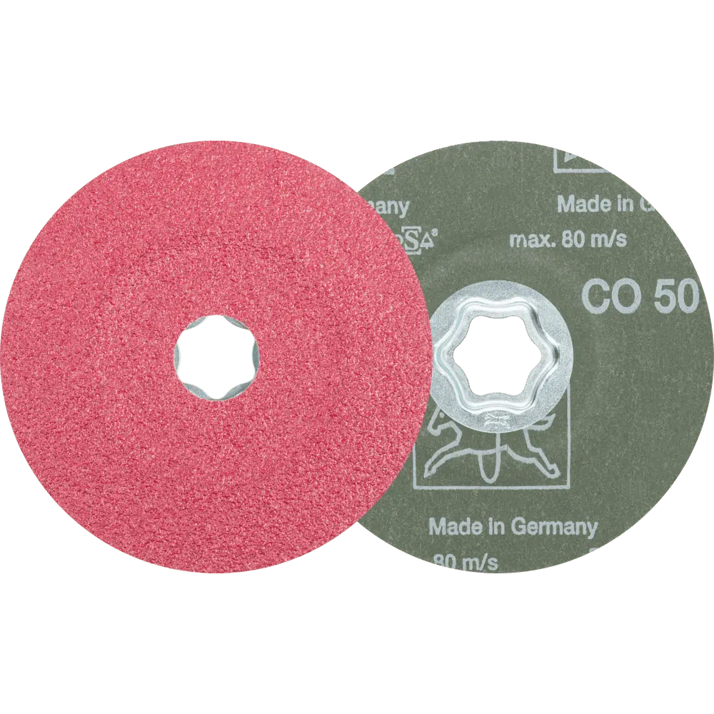 Produktfoto 1 von PFERD TOOLS COMBICLICK Keramikkorn Fiberscheibe Ø 115 mm CO50 für hohen Abtrag auf Stahl, 25 Stk.