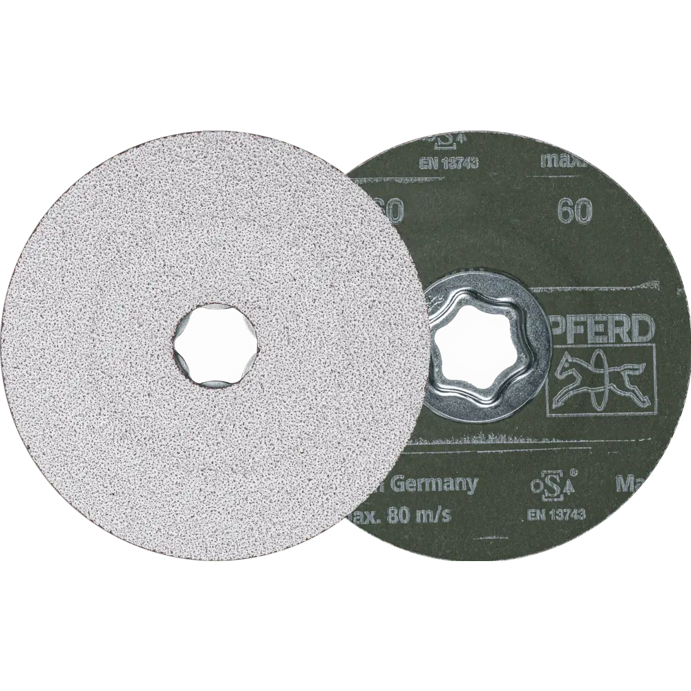 Produktfoto 1 von PFERD TOOLS COMBICLICK Keramikkorn Fiberscheibe Ø 115 mm CO-ALU60 für weiche NE Metalle, 25 Stk.