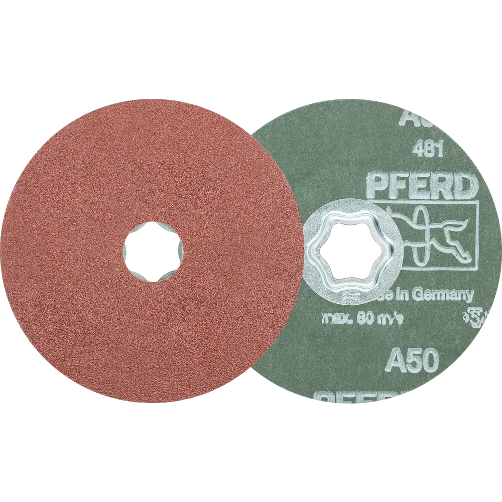 Produktfoto 1 von PFERD TOOLS COMBICLICK Korund Fiberscheibe Ø 115 mm A50 für universelle Anwendungen, 25 Stk.