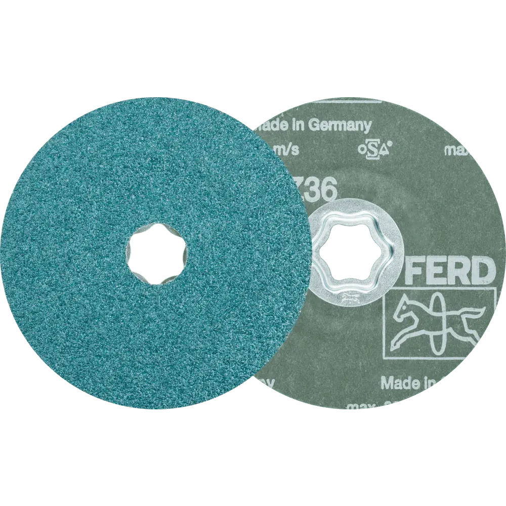 Produktfoto 1 von PFERD TOOLS COMBICLICK Zirkon Fiberscheibe Ø 115 mm Z36 für hohen Abtrag auf Stahl, 25 Stk.