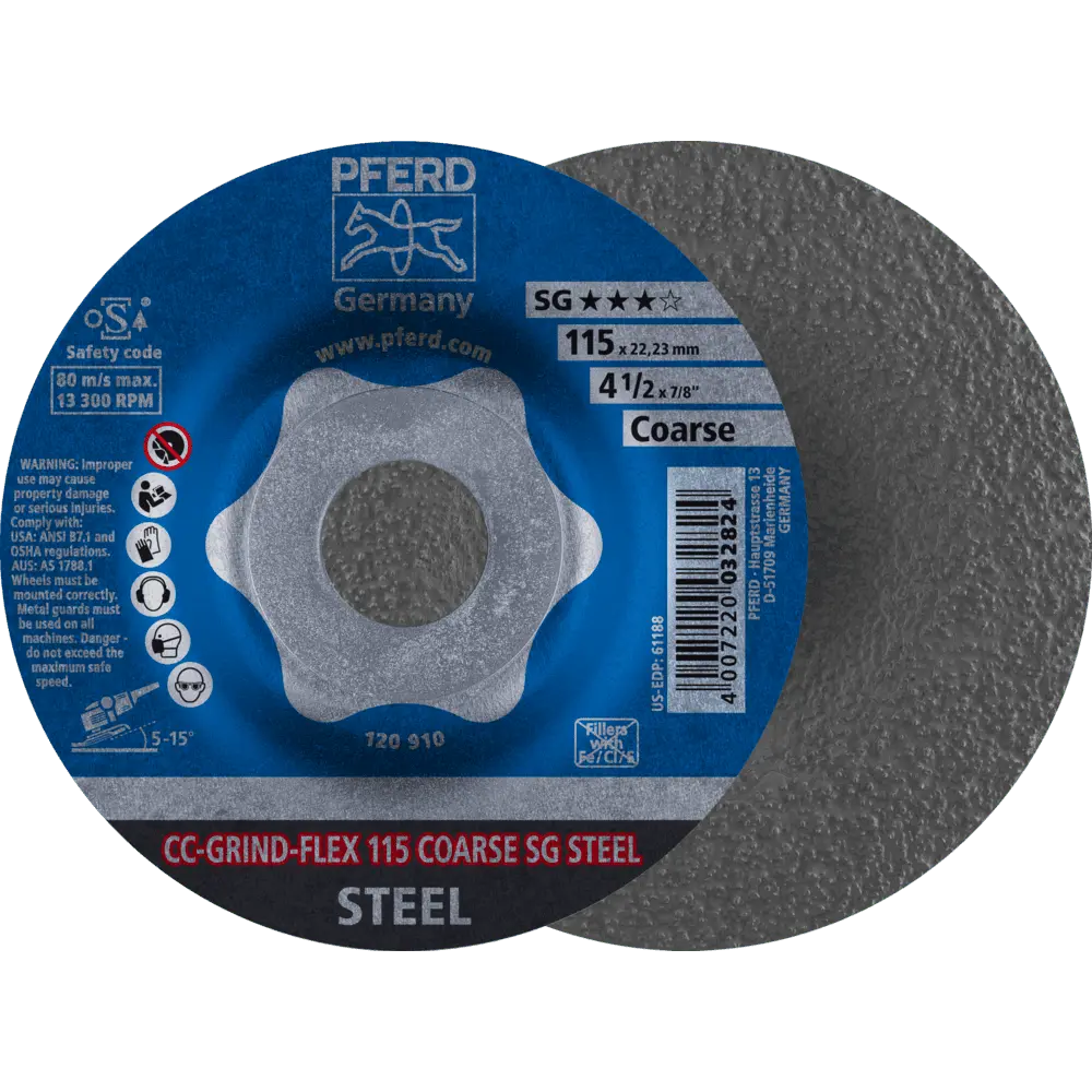 Produktfoto 1 von PFERD TOOLS CC-GRIND FLEX Schleifscheibe 115x22,23 mm COARSE Leistungslinie SG STEEL für Stahl, 10 Stk.