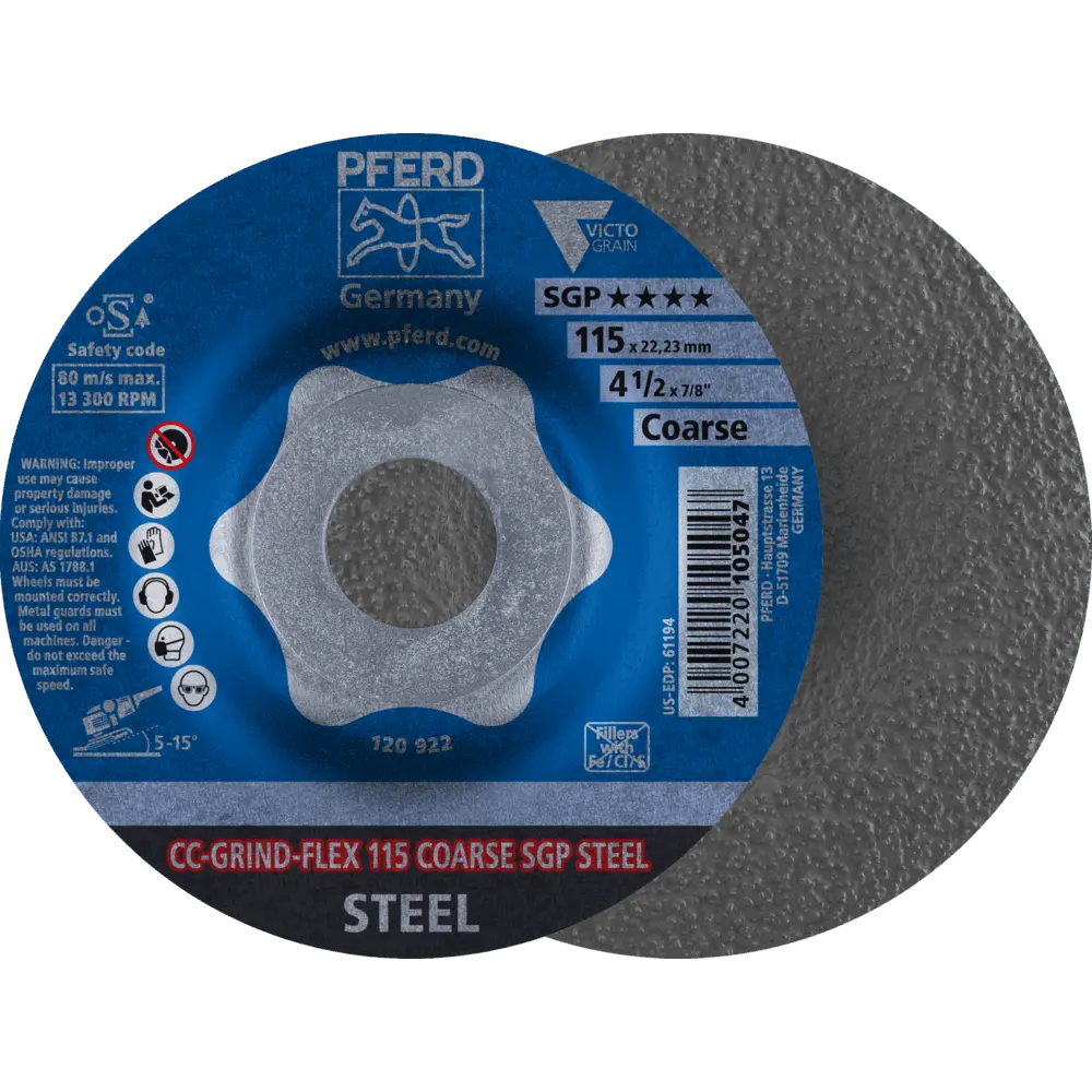 Produktfoto 1 von PFERD TOOLS CC-GRIND FLEX Schleifscheibe 115x22,23 mm COARSE Speziallinie SGP STEEL für Stahl, 10 Stk.