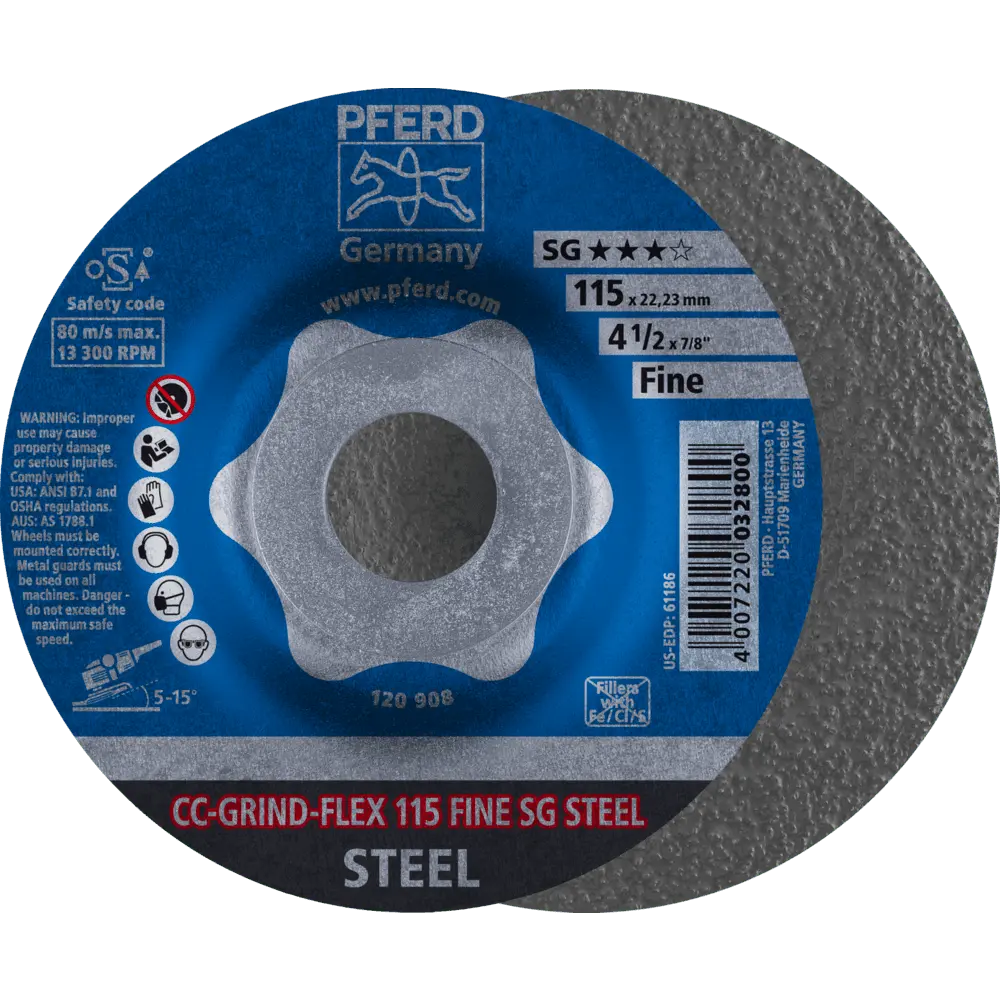 Produktfoto 1 von PFERD TOOLS CC-GRIND FLEX Schleifscheibe 115x22,23 mm FINE Leistungslinie SG STEEL für Stahl, 10 Stk.