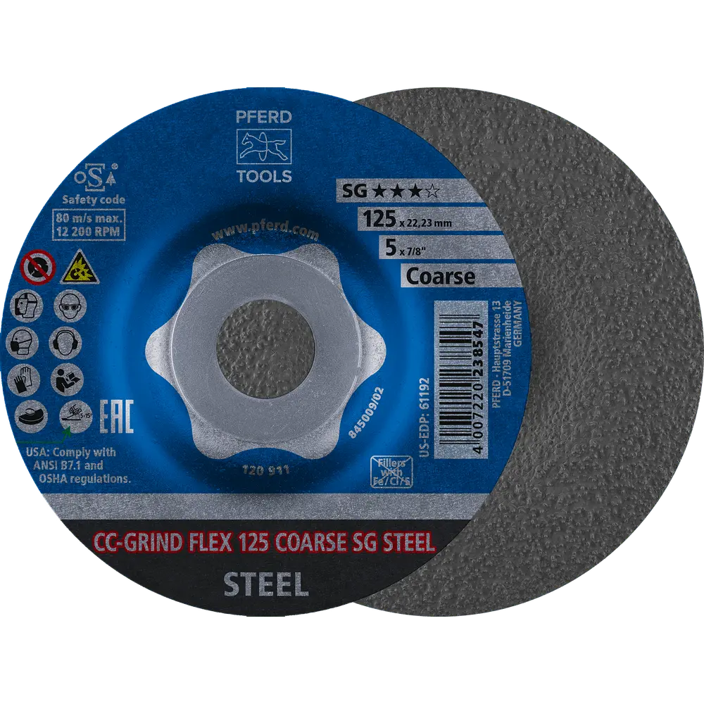 Produktfoto 1 von PFERD TOOLS CC-GRIND FLEX Schleifscheibe 125x22,23 mm COARSE Leistungslinie SG STEEL für Stahl, 10 Stk.