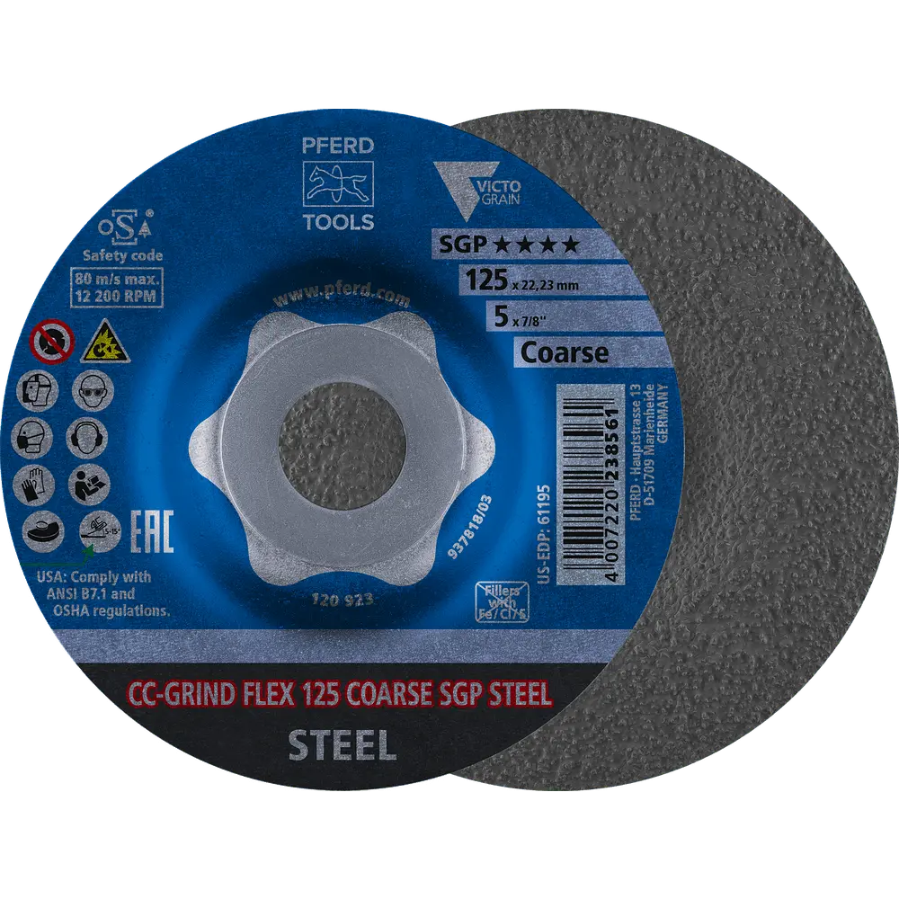 Produktfoto 1 von PFERD TOOLS CC-GRIND FLEX Schleifscheibe 125x22,23 mm COARSE Speziallinie SGP STEEL für Stahl, 10 Stk.