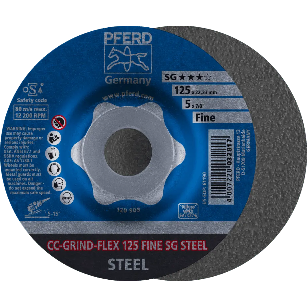 Produktfoto 1 von PFERD TOOLS CC-GRIND FLEX Schleifscheibe 125x22,23 mm FINE Leistungslinie SG STEEL für Stahl, 10 Stk.