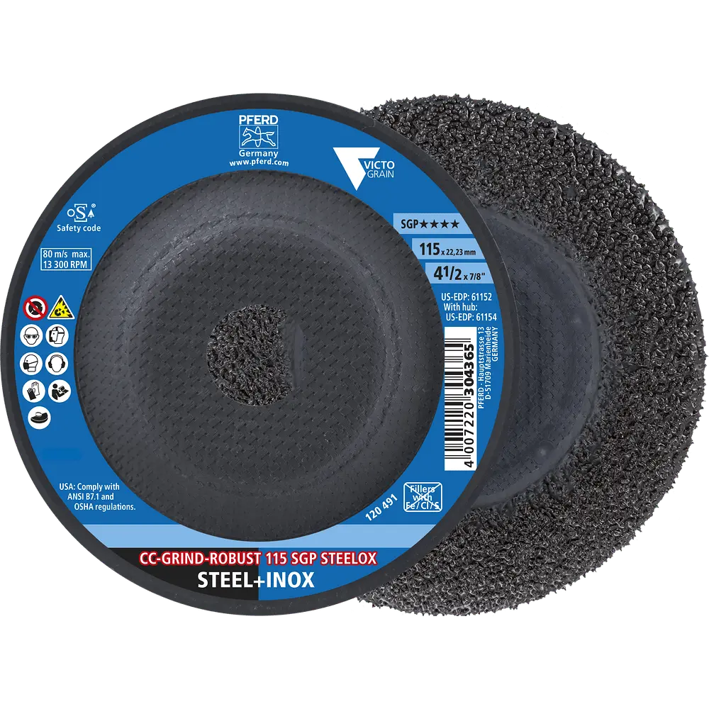 Produktfoto 1 von PFERD TOOLS CC-GRIND ROBUST Schleifscheibe 115x22,23 mm Speziallinie SGP STEELOX für Stahl/Edelstahl (POS 2), 2 Stk.