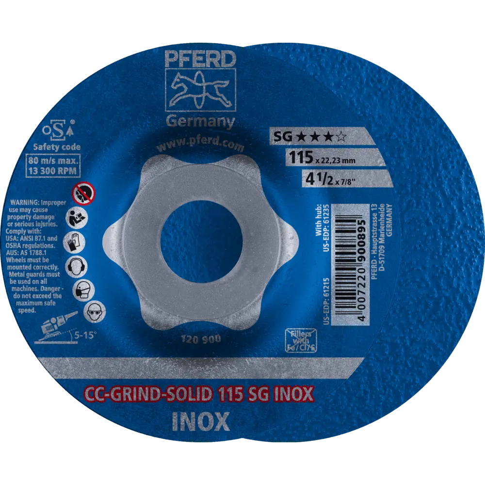 Produktfoto 1 von PFERD TOOLS CC-GRIND SOLID Schleifscheibe 115x22,23 mm COARSE Leistungslinie SG INOX für Edelstahl, 10 Stk.