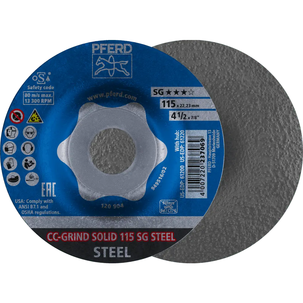 Produktfoto 1 von PFERD TOOLS CC-GRIND SOLID Schleifscheibe 115x22,23 mm COARSE Leistungslinie SG STEEL für Stahl, 10 Stk.