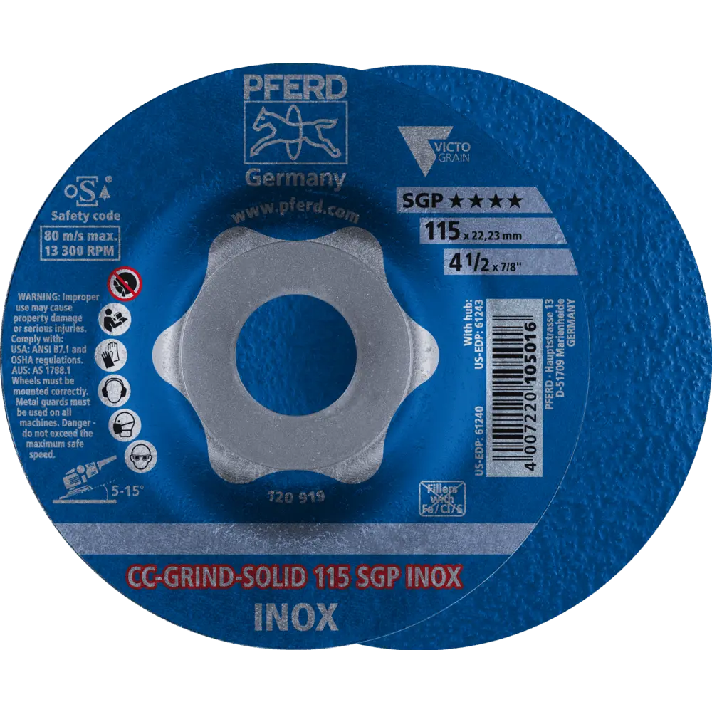 Produktfoto 1 von PFERD TOOLS CC-GRIND SOLID Schleifscheibe 115x22,23 mm COARSE Speziallinie SGP INOX für Edelstahl, 10 Stk.