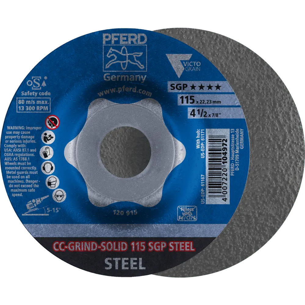 Produktfoto 1 von PFERD TOOLS CC-GRIND SOLID Schleifscheibe 115x22,23 mm COARSE Speziallinie SGP STEEL für Stahl, 10 Stk.