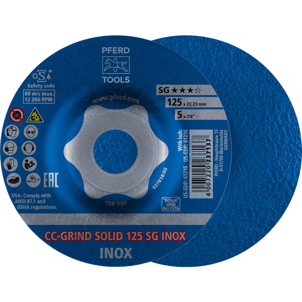 Produktfoto 1 von PFERD TOOLS CC-GRIND SOLID Schleifscheibe 125x22,23 mm COARSE Leistungslinie SG INOX für Edelstahl, 10 Stk.