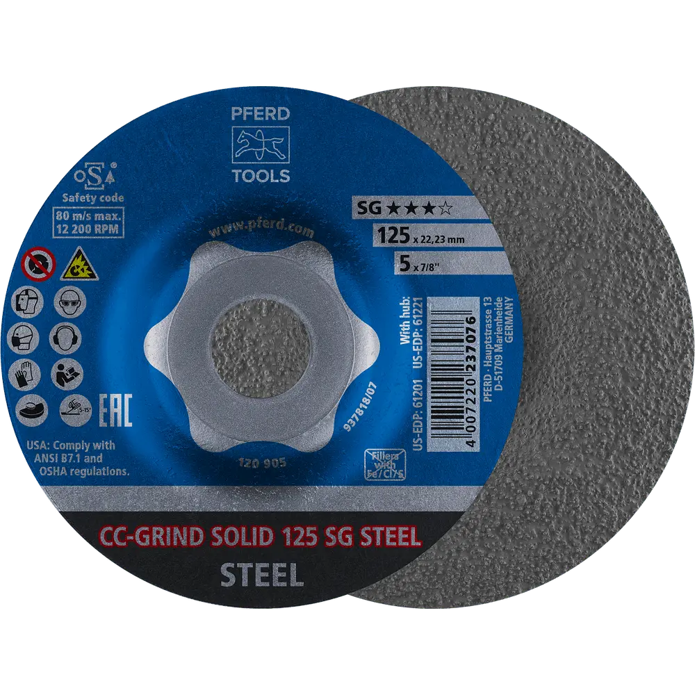 Produktfoto 1 von PFERD TOOLS CC-GRIND SOLID Schleifscheibe 125x22,23 mm COARSE Leistungslinie SG STEEL für Stahl, 10 Stk.