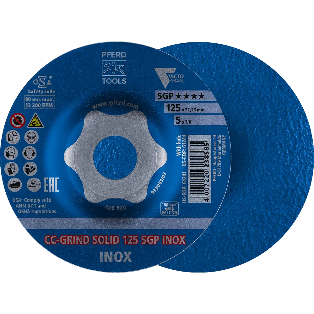 Produktfoto 1 von PFERD TOOLS CC-GRIND SOLID Schleifscheibe 125x22,23 mm COARSE Speziallinie SGP INOX für Edelstahl, 10 Stk.