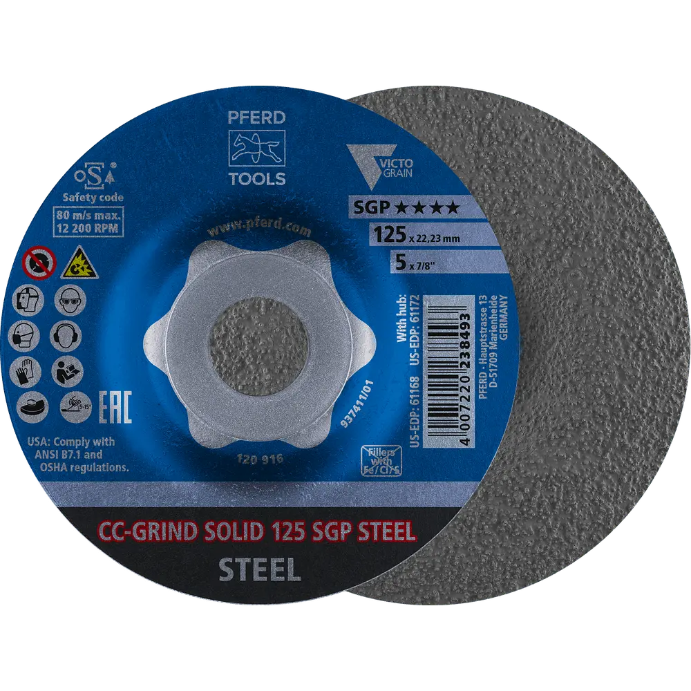 Produktfoto 1 von PFERD TOOLS CC-GRIND SOLID Schleifscheibe 125x22,23 mm COARSE Speziallinie SGP STEEL für Stahl, 10 Stk.