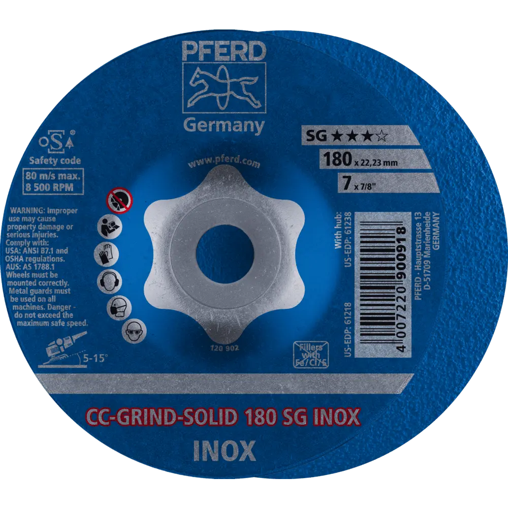 Produktfoto 1 von PFERD TOOLS CC-GRIND SOLID Schleifscheibe 180x22,23 mm COARSE Leistungslinie SG INOX für Edelstahl, 10 Stk.